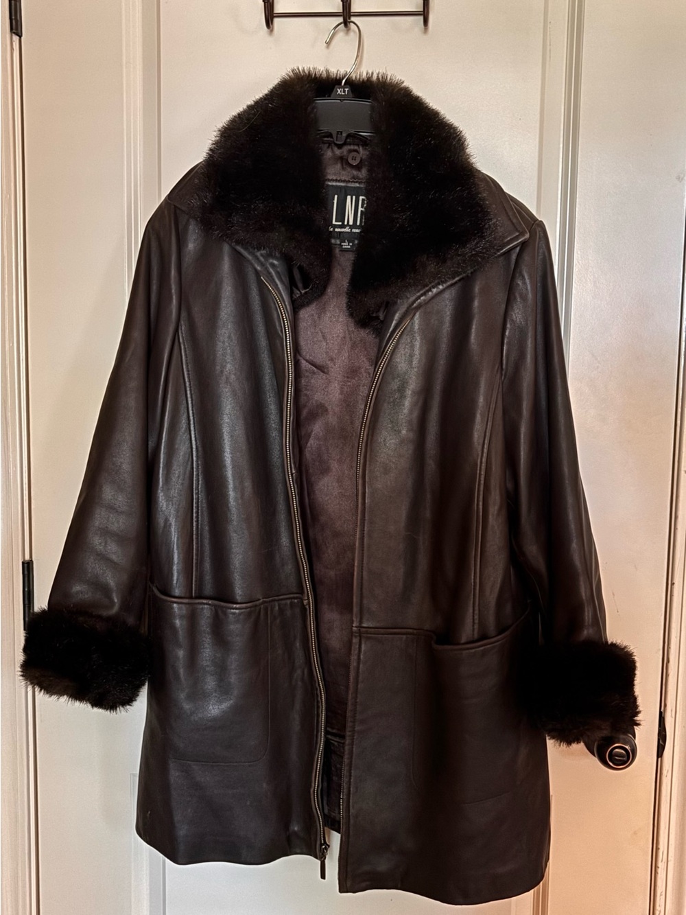 LNR Brown Leather Coat with Faux Fur Trim - Women's